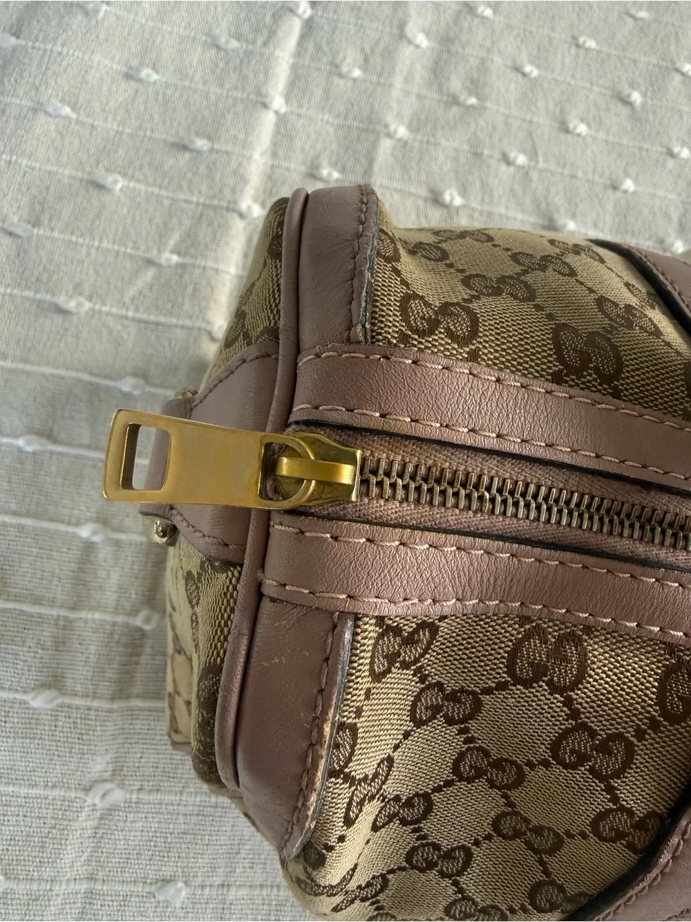 Gucci Beige GG Canvas Satchel with Pink Trim and Blue-Green Stripe